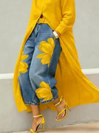 Women's Flowers Print Casual Loose Wide-leg Denim Pants