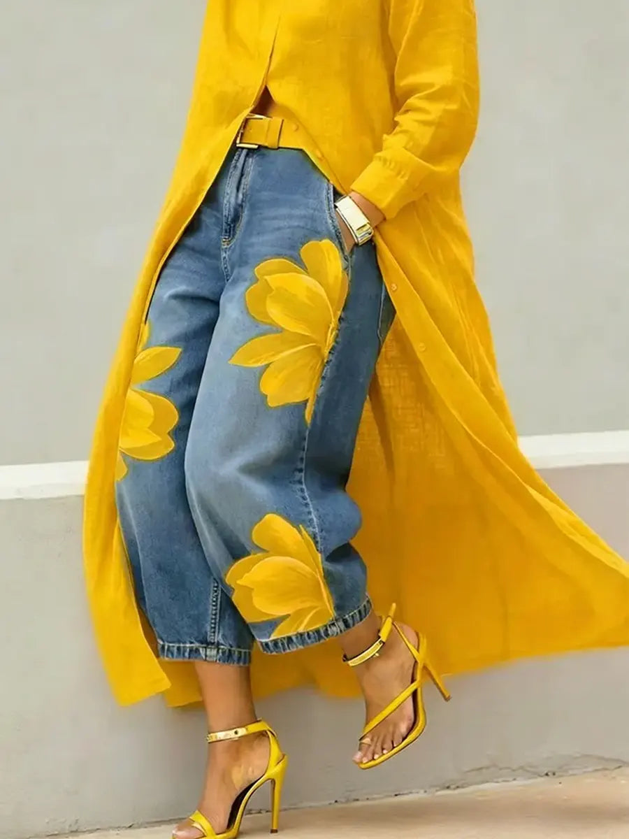 Women's Flowers Print Casual Loose Wide-leg Denim Pants