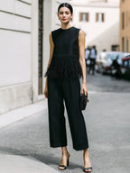 Black Fringe Trim Sleeveless Top & Wide-Leg Pants Set