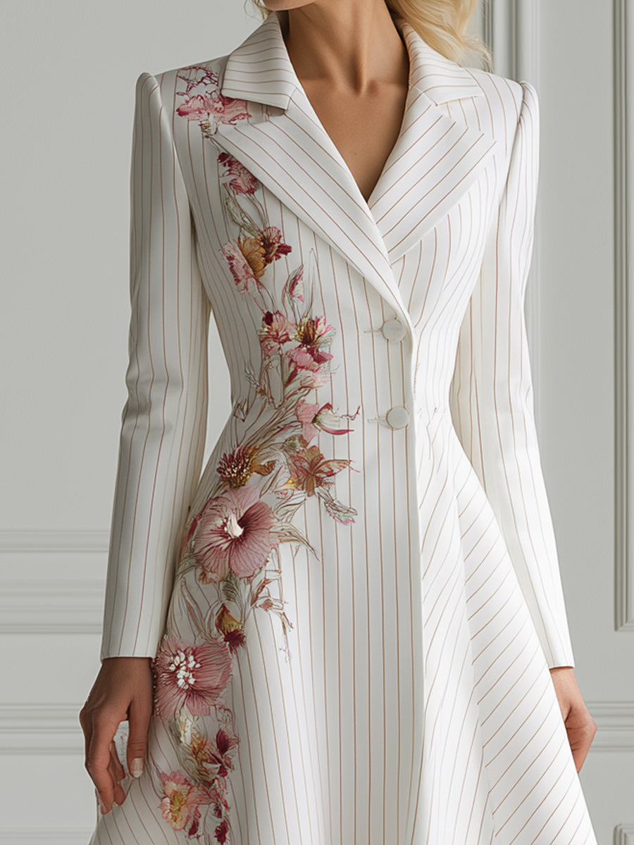 Floral Print Pinstripe A-Line Blazer Dress