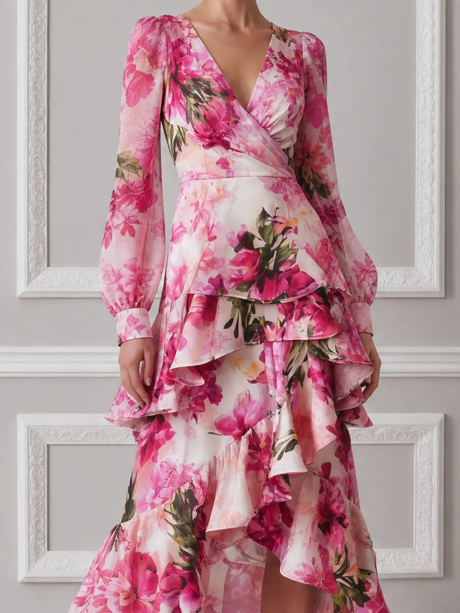 Pink Watercolor Floral Print Wrap Front Ruffle High Low Chiffon Midi Dress