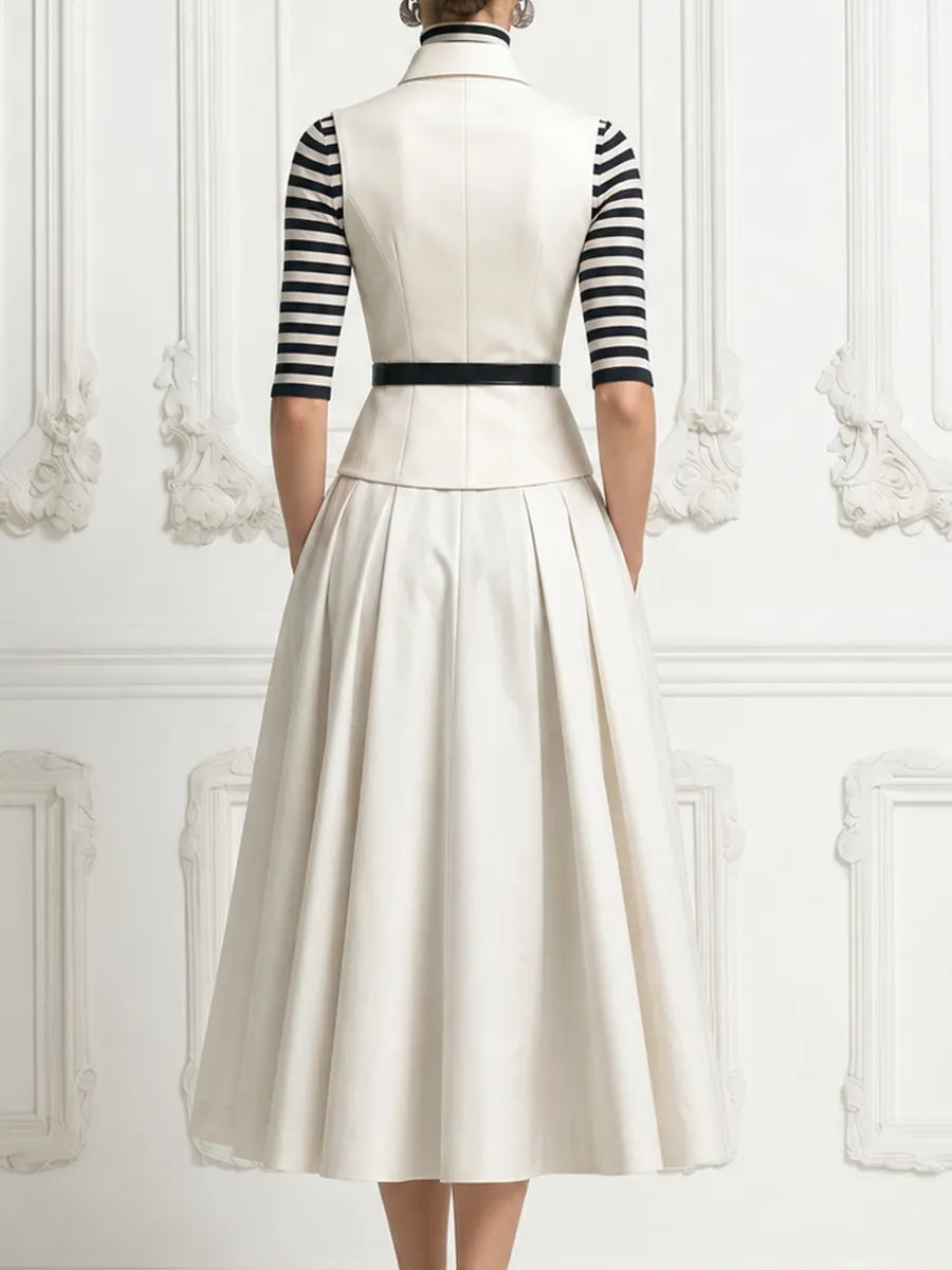 Ivory Peak Lapel Double Breasted Sleeveless Vest & A-Line Midi Skirt Three-Piece Suit Set