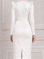 White Dress Ruffle Shoulder Ruched Waist Pencil Midi Dress