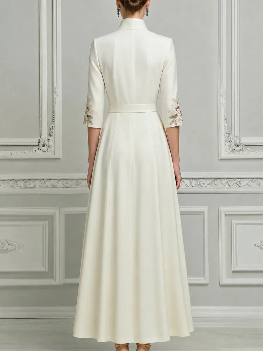 White A-Line Maxi Dress With Mandarin Collar