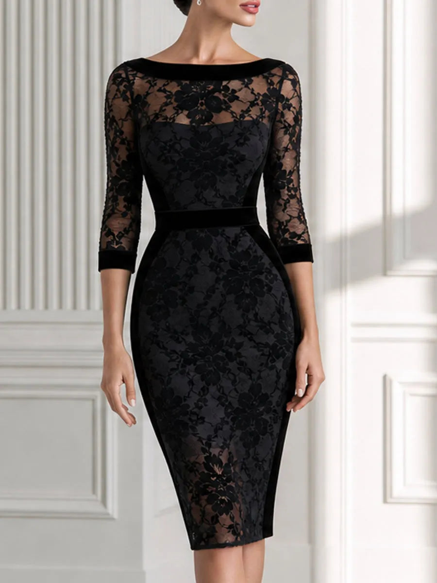 Floral Lace Velvet Trim Boat Neck Midi Bodycon Dress