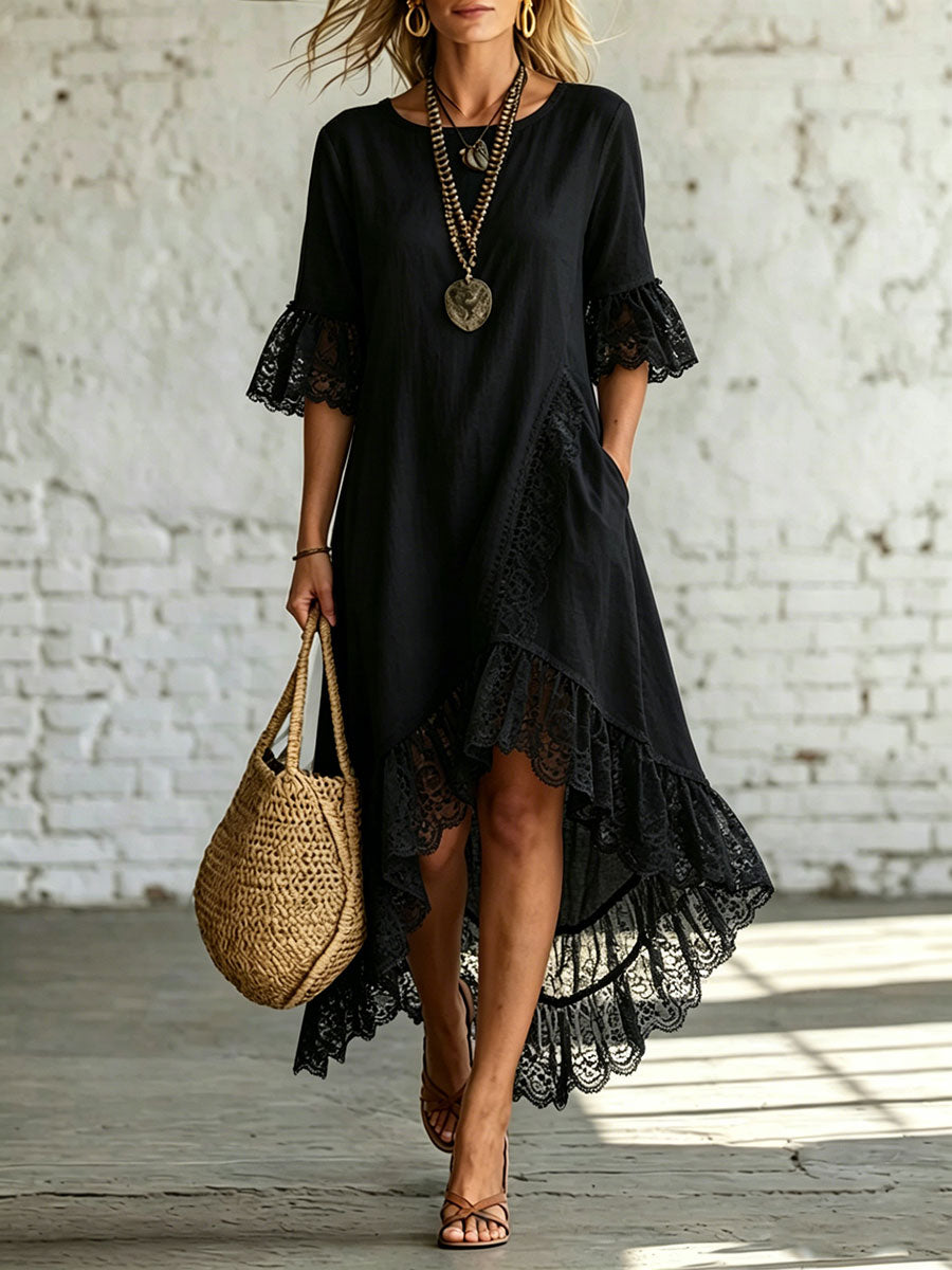 Women's Casual Loose-fitting Round Neck Lace Linen And Cotton Short-sleeved Dress