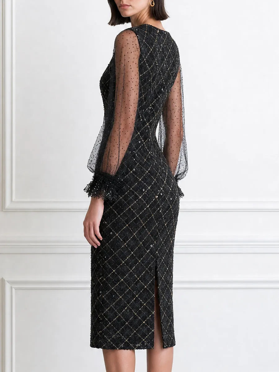 Sequin Diamond-Lattice Sheer Dot-Mesh Puff Sleeve Bodycon Midi Dress