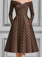 Brown Polka Dot Dress Fall Wedding Guest Dress Off Shoulder A-Line Midi Dress