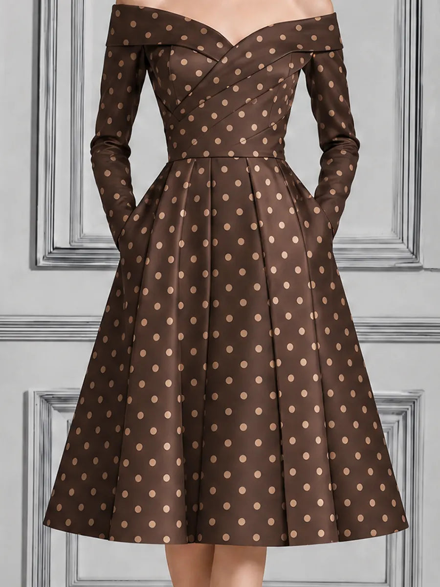 Brown Polka Dot Dress Fall Wedding Guest Dress Off Shoulder A-Line Midi Dress