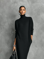 Women's Elegant Black Knitted Turtleneck Long-sleeved Loose-fitting Maxi Dress With No Pockets