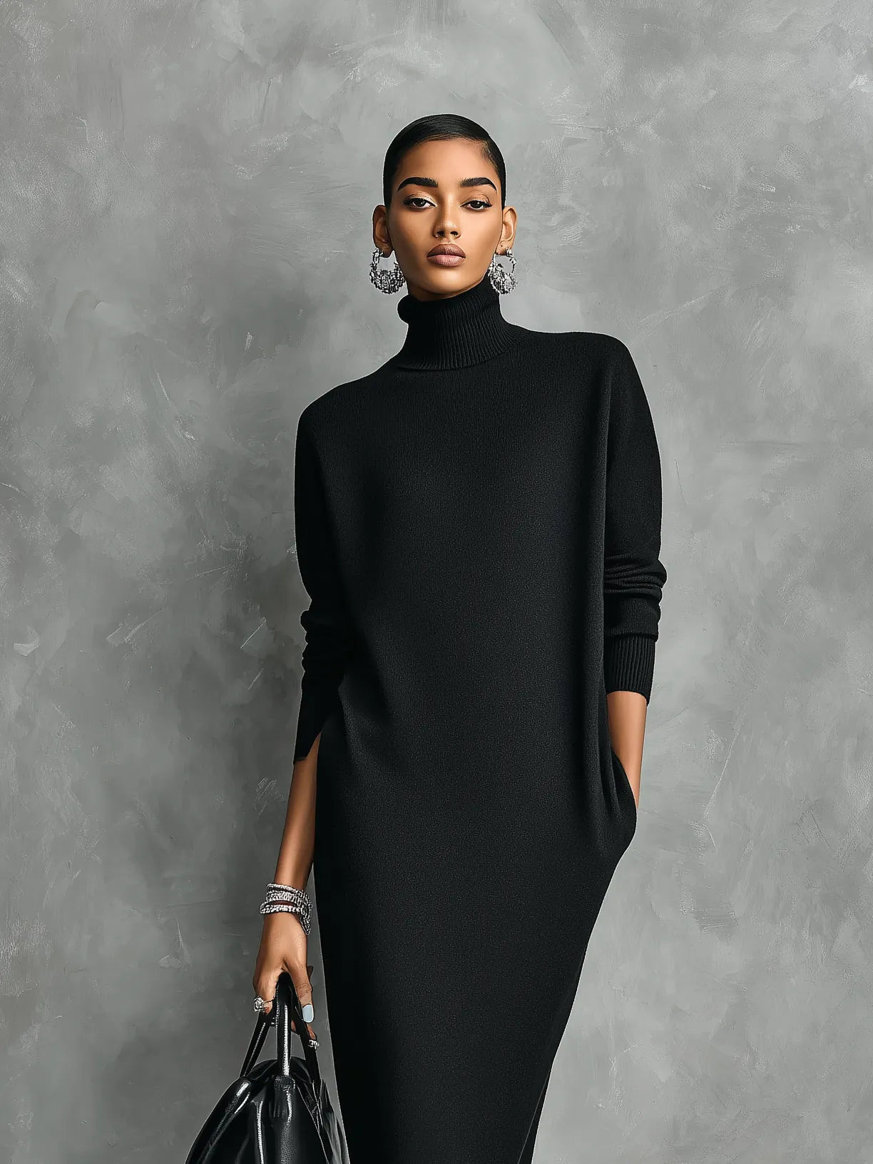 Women's Elegant Black Knitted Turtleneck Long-sleeved Loose-fitting Maxi Dress With No Pockets