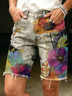Women's Floral Art-printed Casual Brushed Denim Shorts