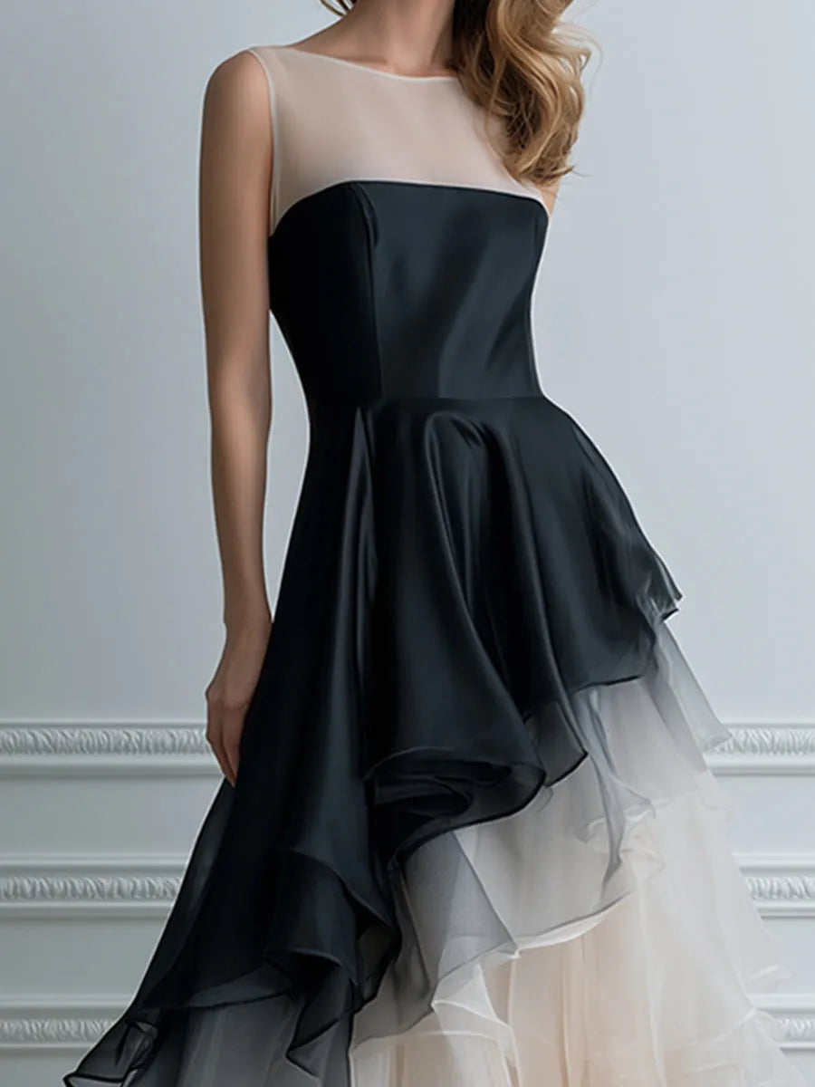 Black-to-Ivory Ombré Illusion Tiered Ruffle Maxi Gown