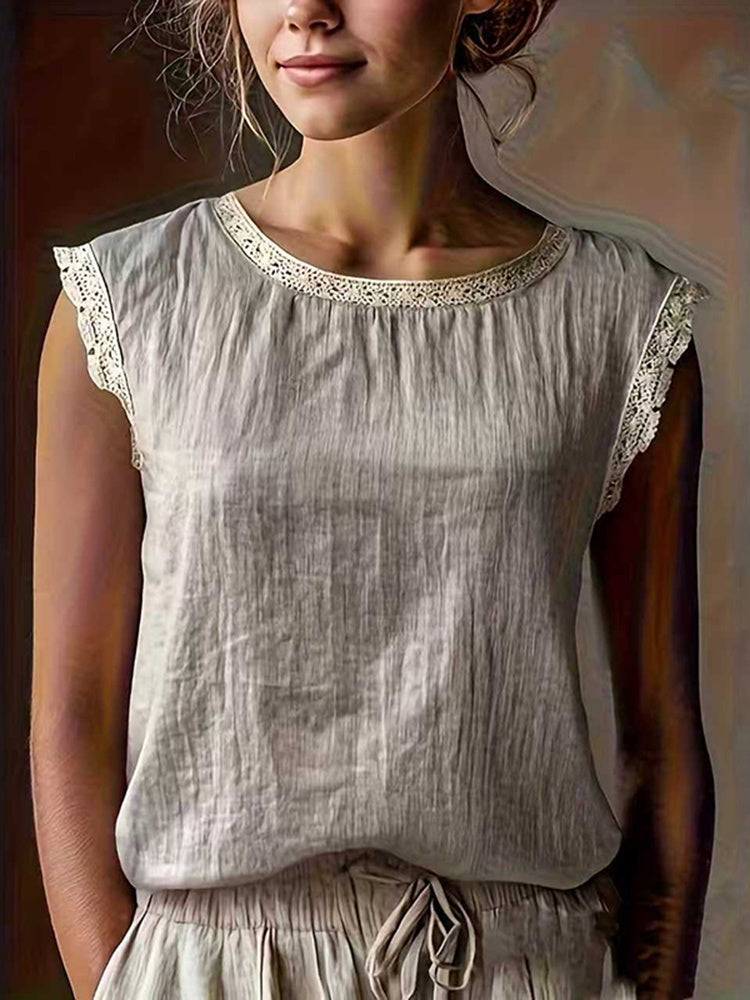 Retro Loose Solid Color Round Neck Lace Patchwork Sleeveless T-shirt