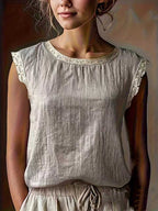Retro Loose Solid Color Round Neck Lace Patchwork Sleeveless T-shirt