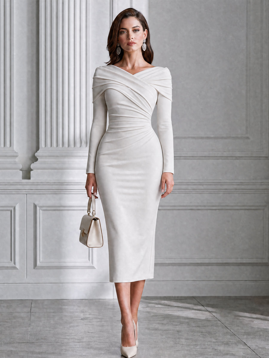 Elegant Crossover Draped V-Neck Bodycon Midi Dress