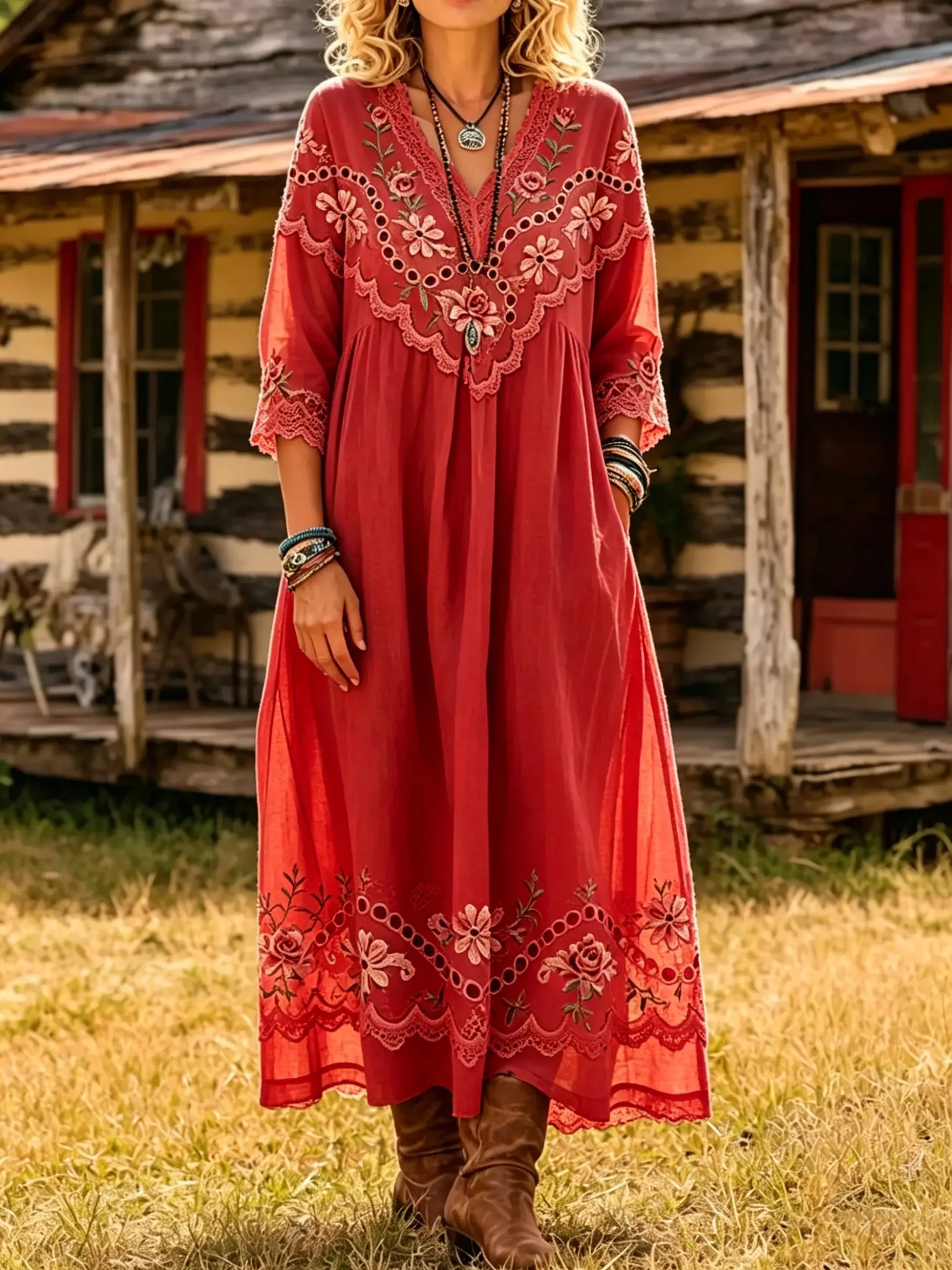 Women's Rose Floral Print 3/4 Sleeve Pocket Dress