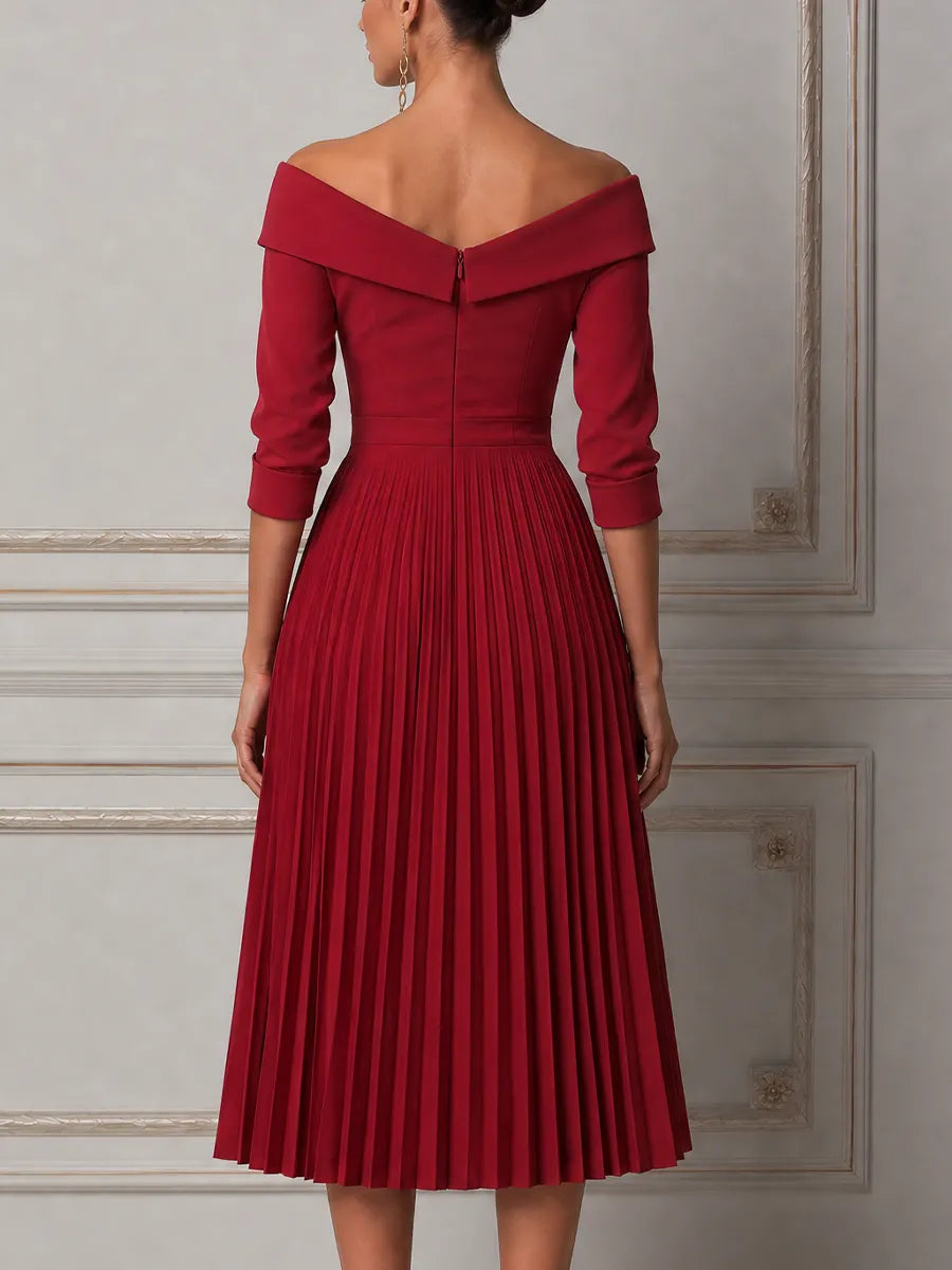 Red Dress Fall Wedding Guest Dress Off Shoulder Pleated Midi Dress