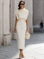 Draped High-Neck Fitted Top & Midi Skirt Two-Piece Set