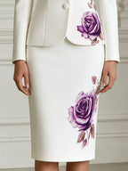 Elegant Purple Floral Print Blazer & Pencil Skirt Suit