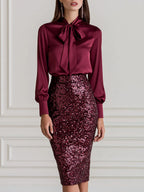 Satin Bow Blouse & Sequin Pencil Midi Skirt Two Piece Set