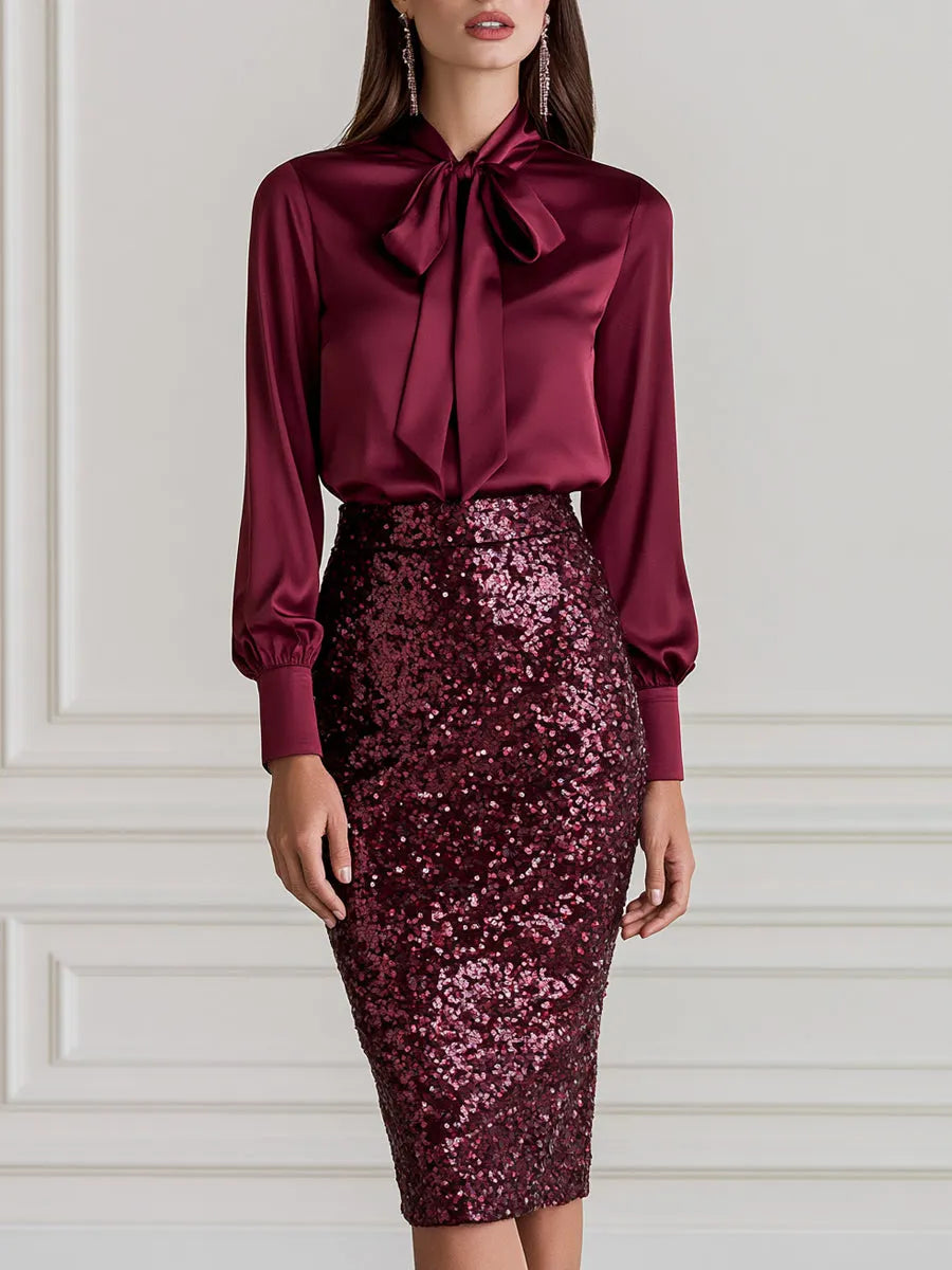 Satin Bow Blouse & Sequin Pencil Midi Skirt Two Piece Set