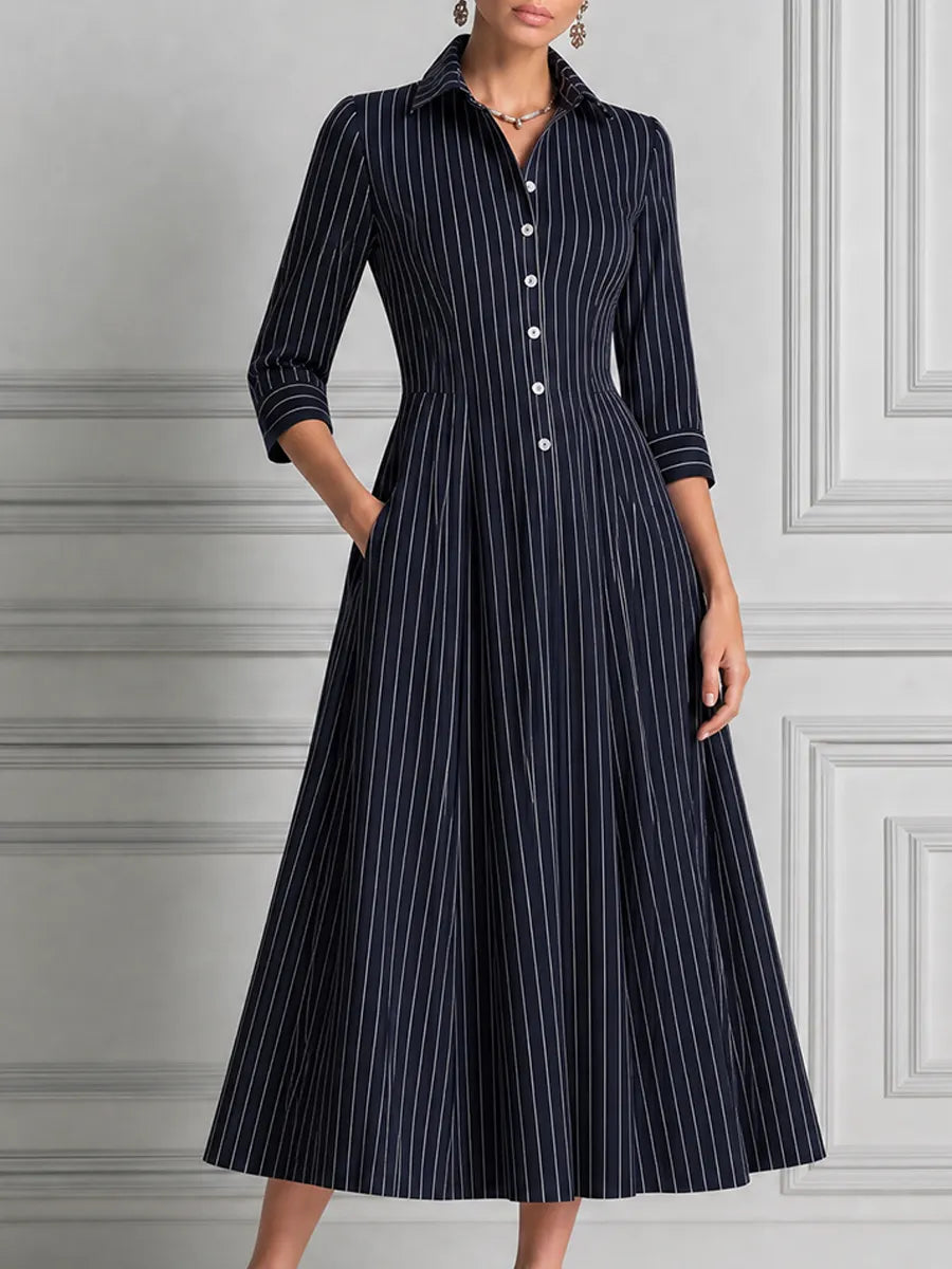 Navy Pinstripe Shirt Collar Button Front Pleated A-Line Midi Dress