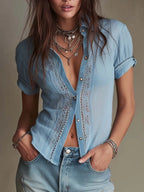 Retro Lace-Placket Cotton-Linen Blouse