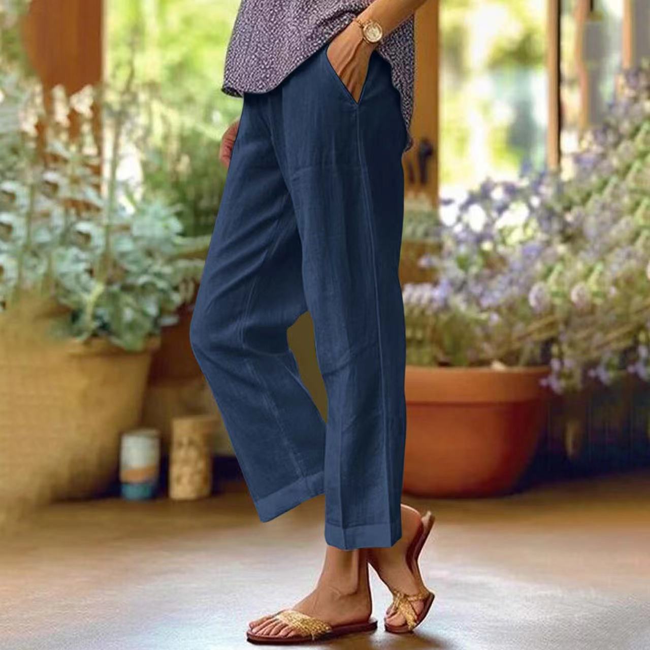 Loose Solid Color Elastic Waist Pocket Straight Cotton And Linen Casual Pants