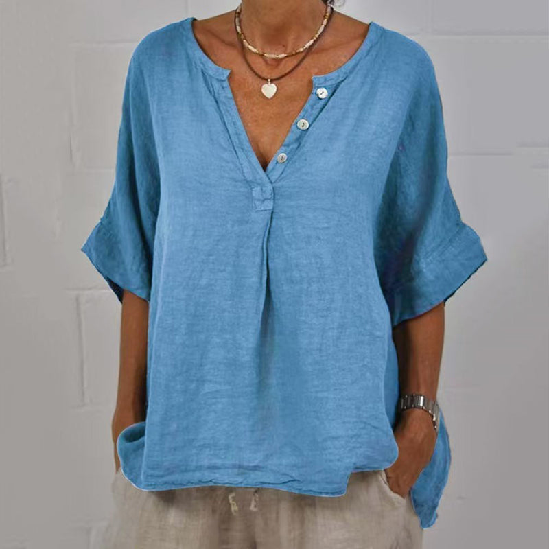 Women's Solid Color Button Linen V-neck Shirt