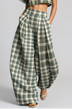Hapi Plaid Crop Baggy Pants Set In Green