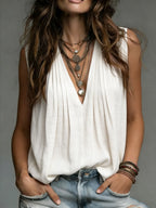 Women's Wrinkles Cozy Minimalist Solid-color V-neck 100% Cotton Vest