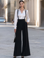 Black Suspender Wide Leg Trousers With White Blouse Set