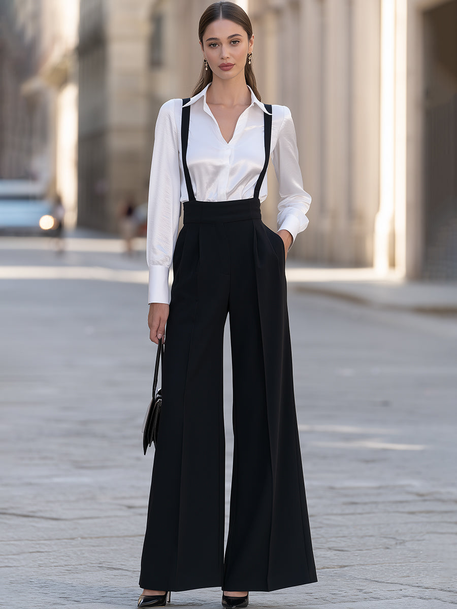 Black Suspender Wide Leg Trousers With White Blouse Set