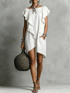 Women's Round-neck Ruffled Cotton-linen Dress