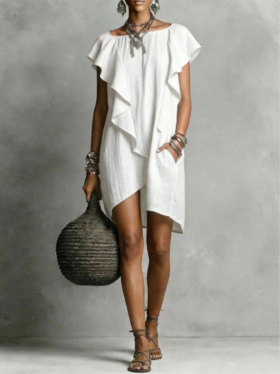 Women's Round-neck Ruffled Cotton-linen Dress