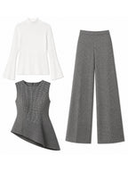 Grey Micro Check Vest Wide Leg Pants 3-Piece Business Suit Set