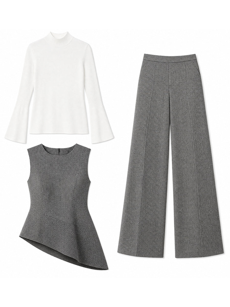 Grey Micro Check Vest Wide Leg Pants 3-Piece Business Suit Set