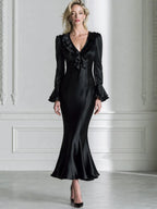 Satin Plunge Ruffle-Neck Flare-Cuff Mermaid Maxi Dress