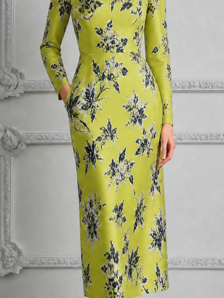 Chartreuse Floral Print Square Neck Pencil Midi Dress