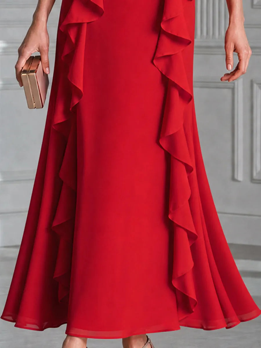 Elegant Ruffle Trim High Neck Fit And Flare Maxi Dress