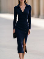 Ribbed Wrap Button-Front Knit Midi Dress