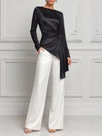 Black Satin Draped Blouse & White Wide Leg Pants Set