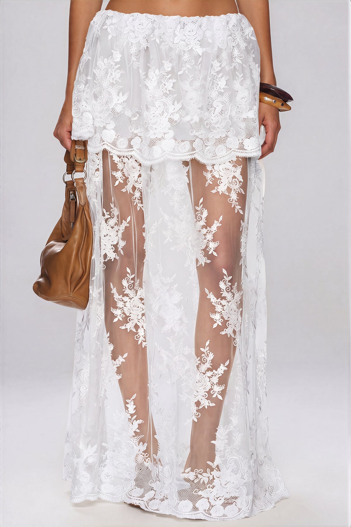 Fergal Lace Ruffle Floral Skirt Set  In White