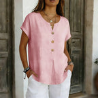 Women's Solid Color Short Sleeve Button Design Linen Blend T-shirt