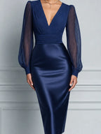 Navy Dress Fall Wedding Guest Dress Pleated Chiffon Sleeve Satin Pencil Midi Dress