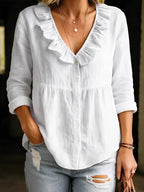 Casual Linen Ruffle Collar Shirt