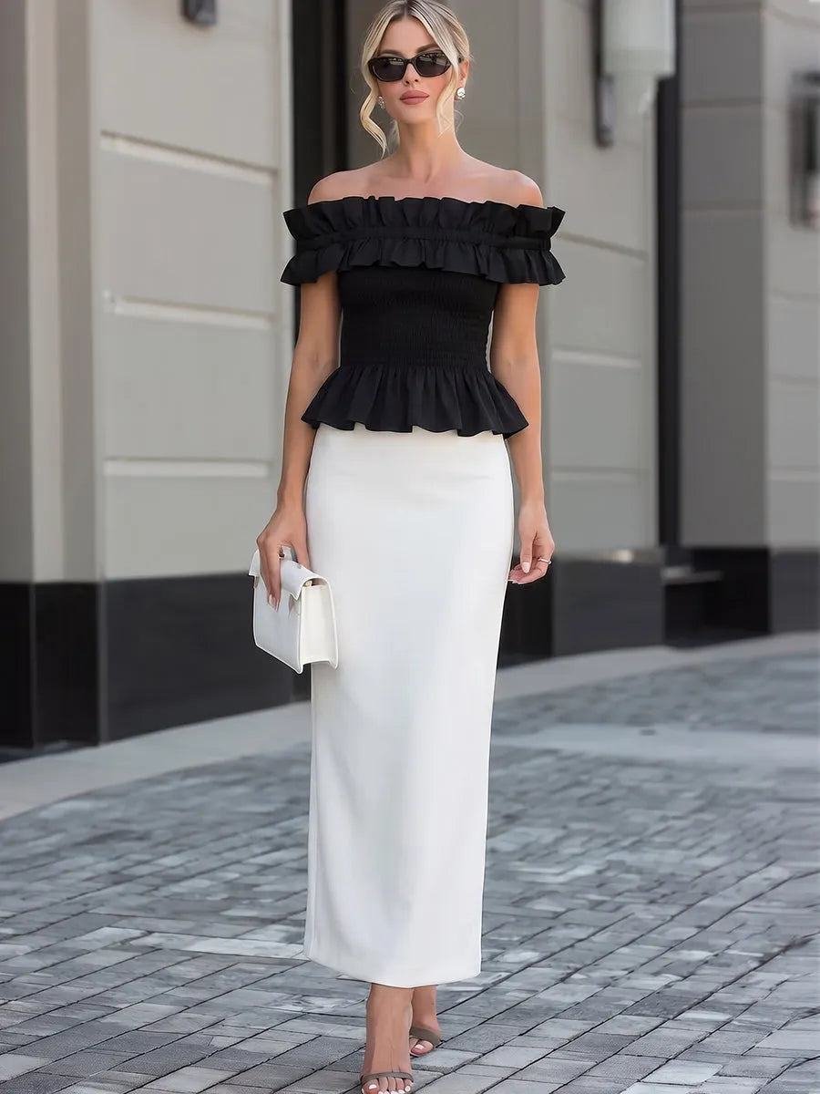 Off-Shoulder Ruffled Peplum Top & White High-Waisted Maxi Pencil Skirt Two-Piece Set