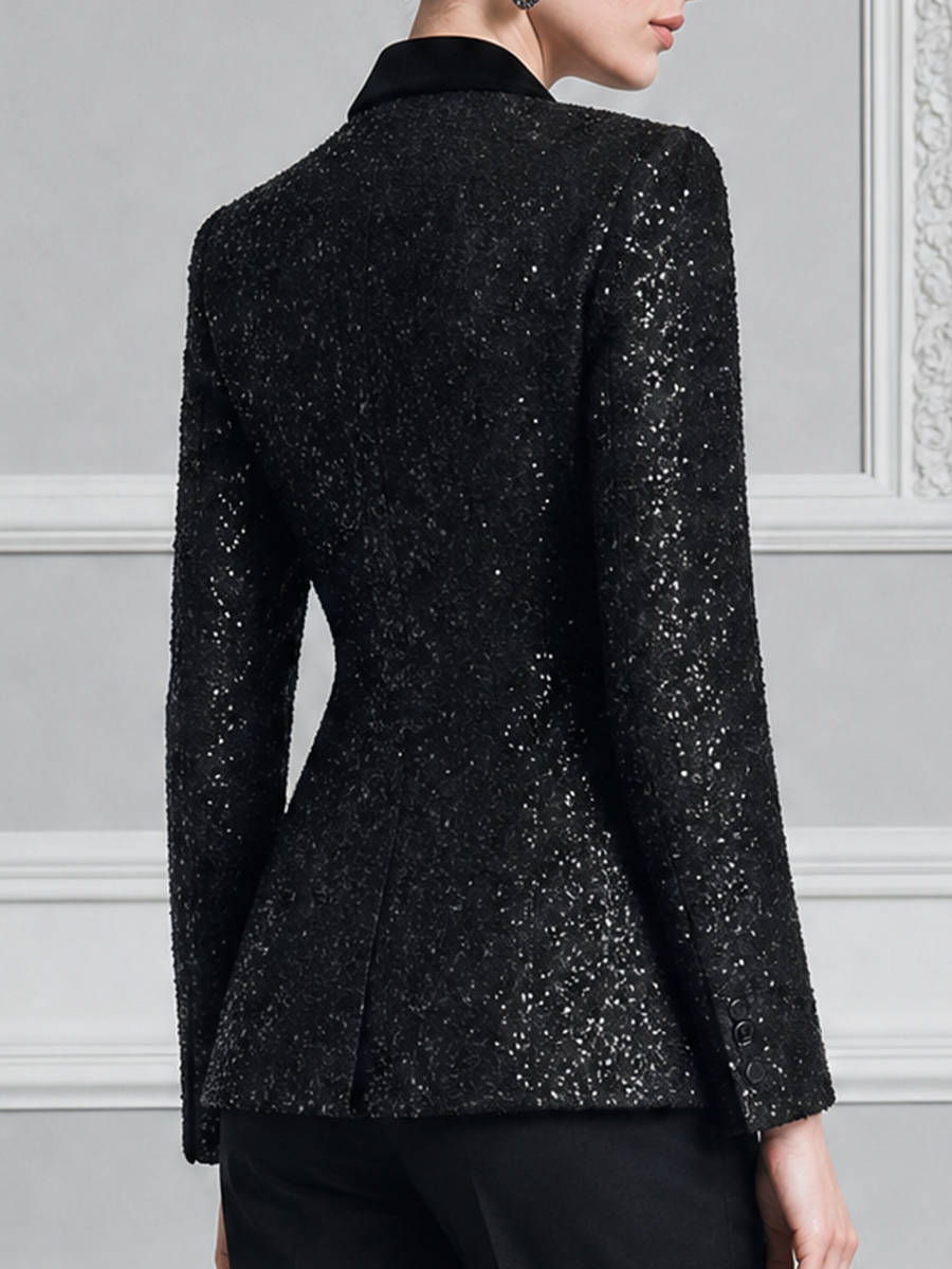 Black Sequin Satin Lapel Tailored Blazer