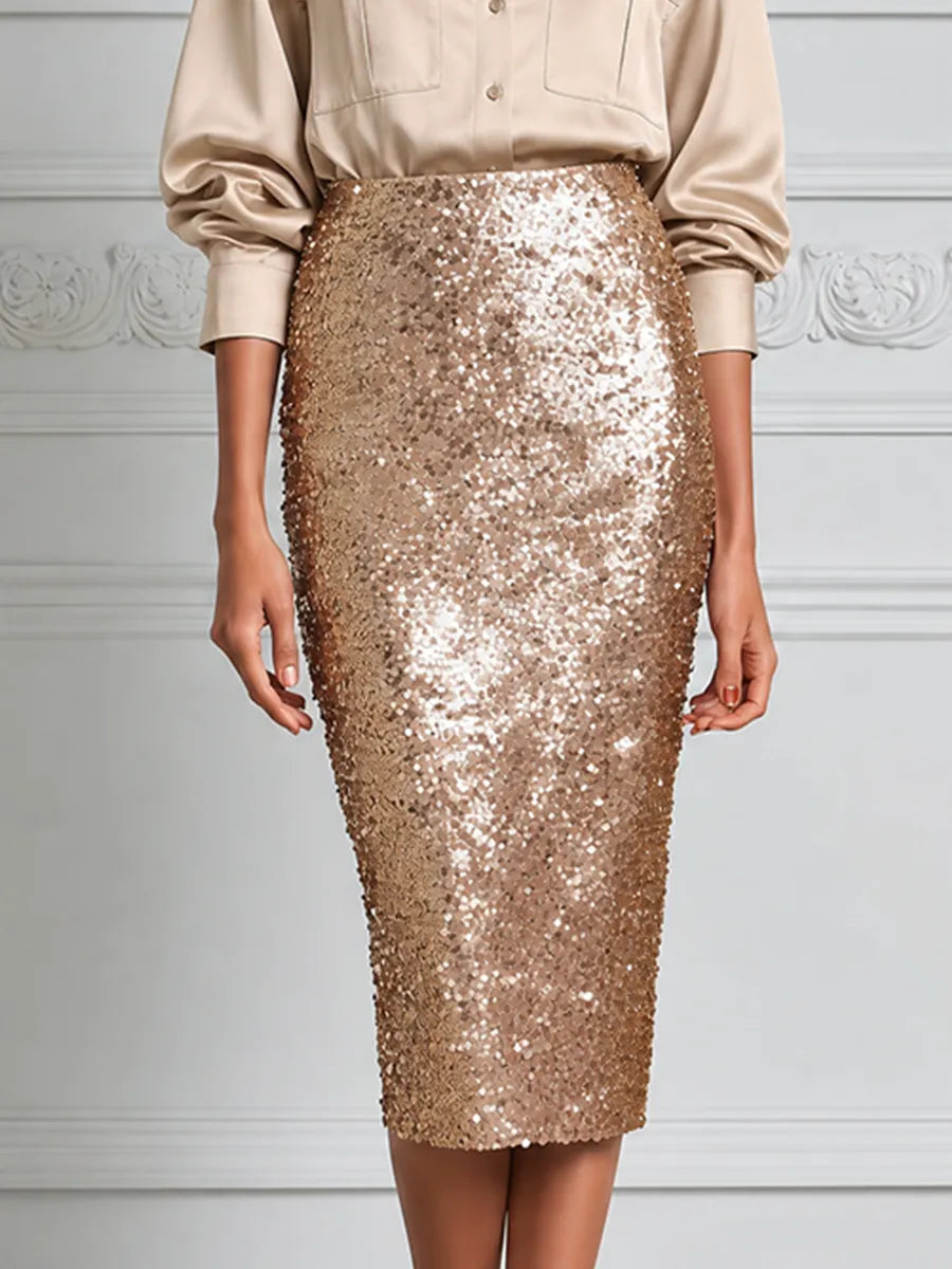 Champagne Satin Shirt Blouse & Sequin Pencil Skirt Set